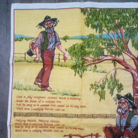 Vintage Waltzing Matilda Pure Linen Tea Towel Australia Hand Printed NEW - Picture 2 of 5